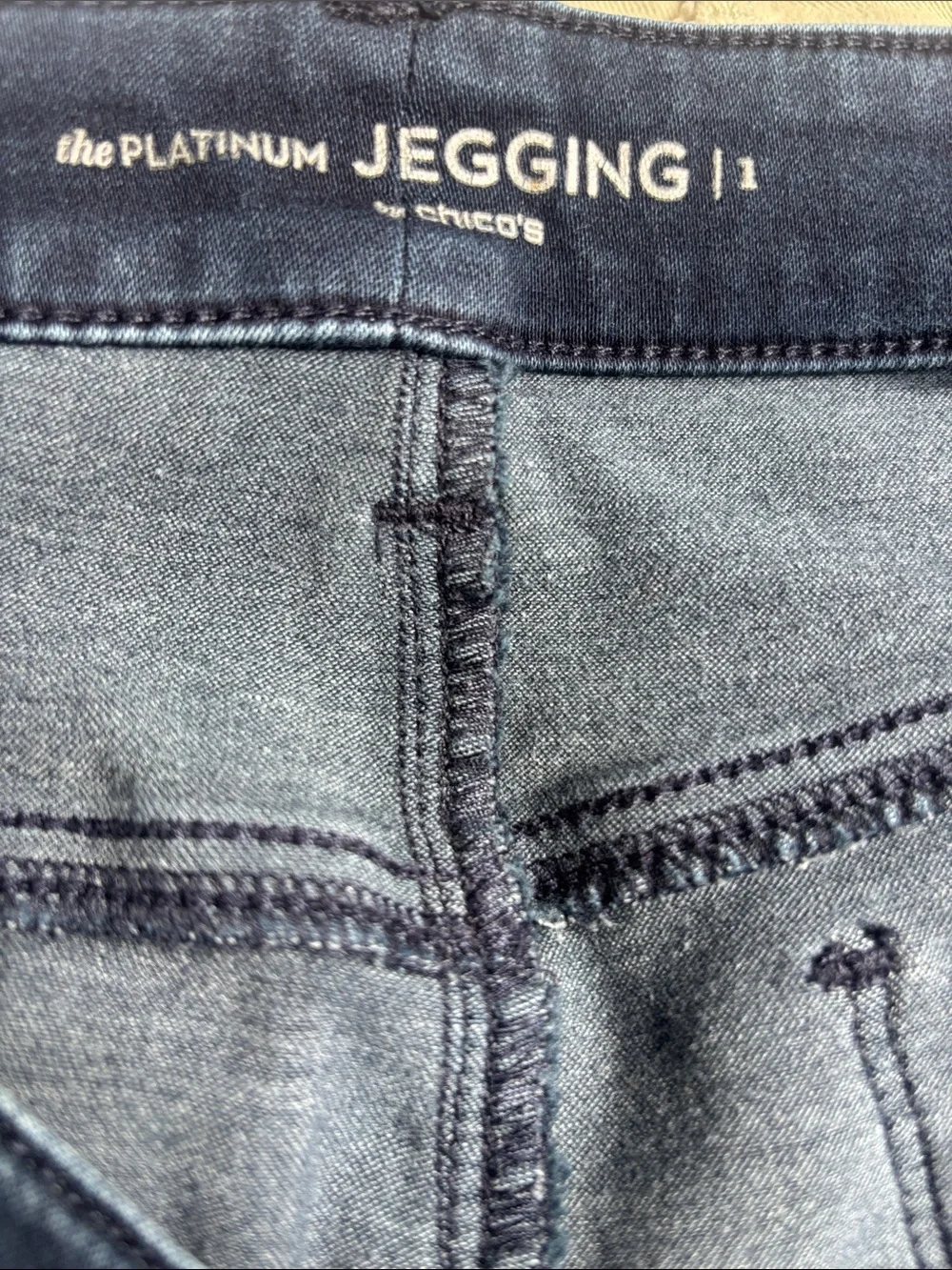 Chico's Platinum jeggings in a dark wash blue featuring a classic five-pockets